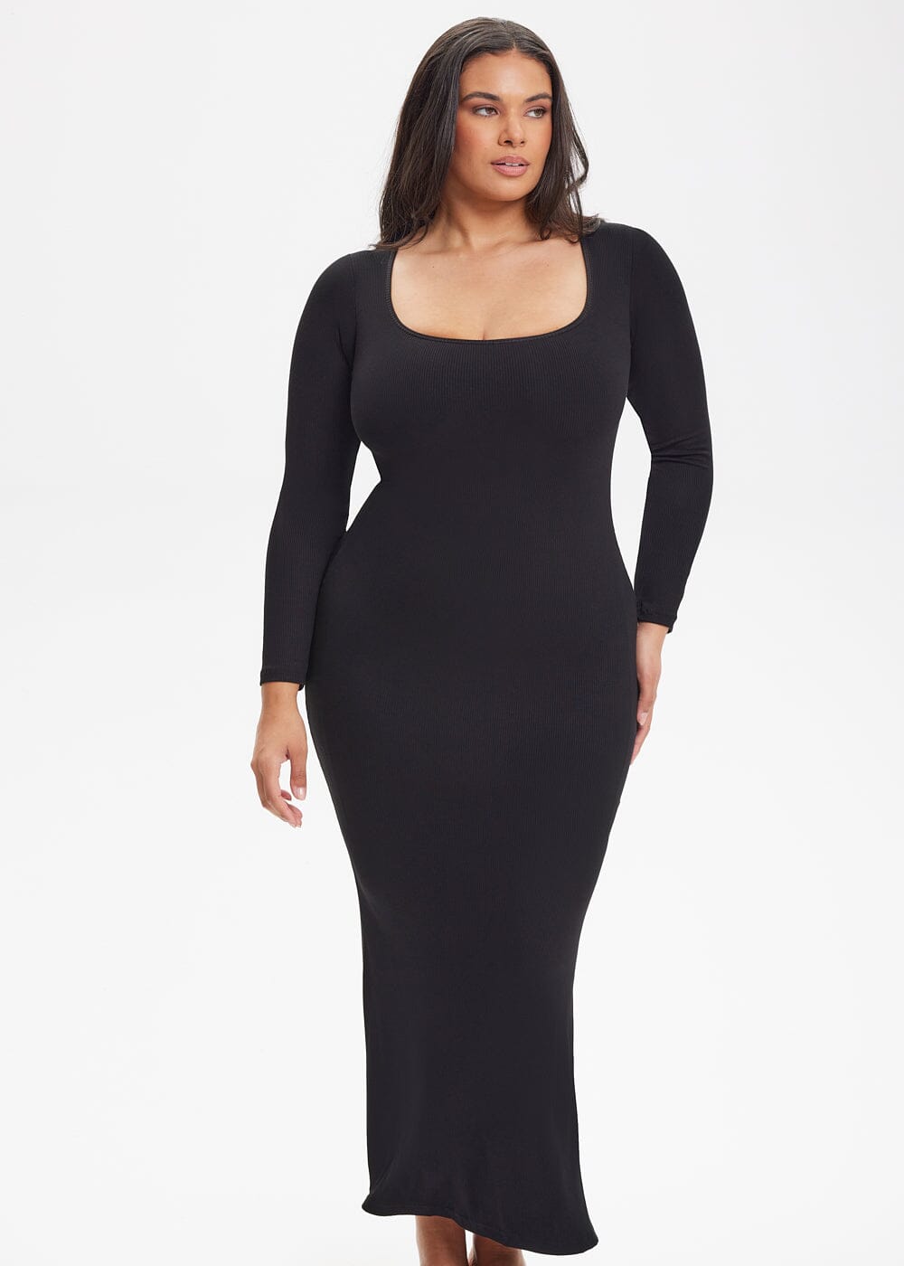 Built-In Shapewear Shorts Long Sleeve Midi Dress - She's Waisted