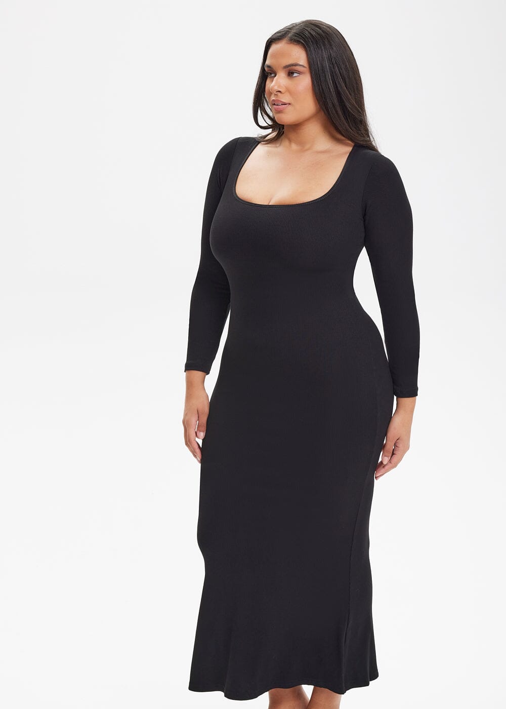 Built-In Shapewear Shorts Long Sleeve Midi Dress - She's Waisted