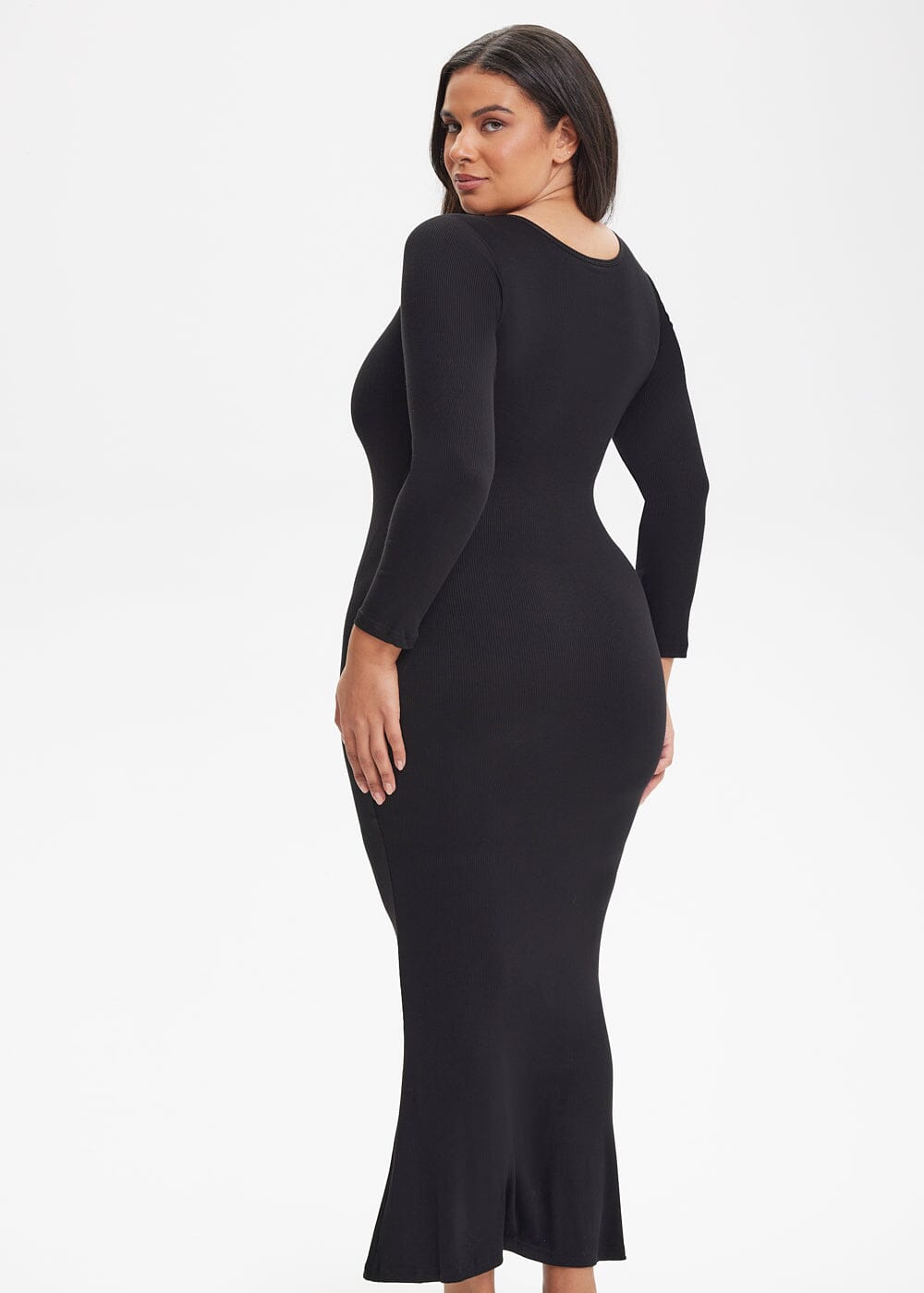 Built-In Shapewear Shorts Long Sleeve Midi Dress - She's Waisted