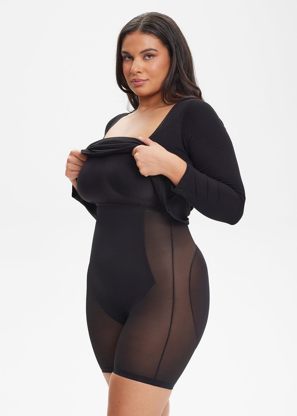 Built-In Shapewear Shorts Long Sleeve Midi Dress - She's Waisted