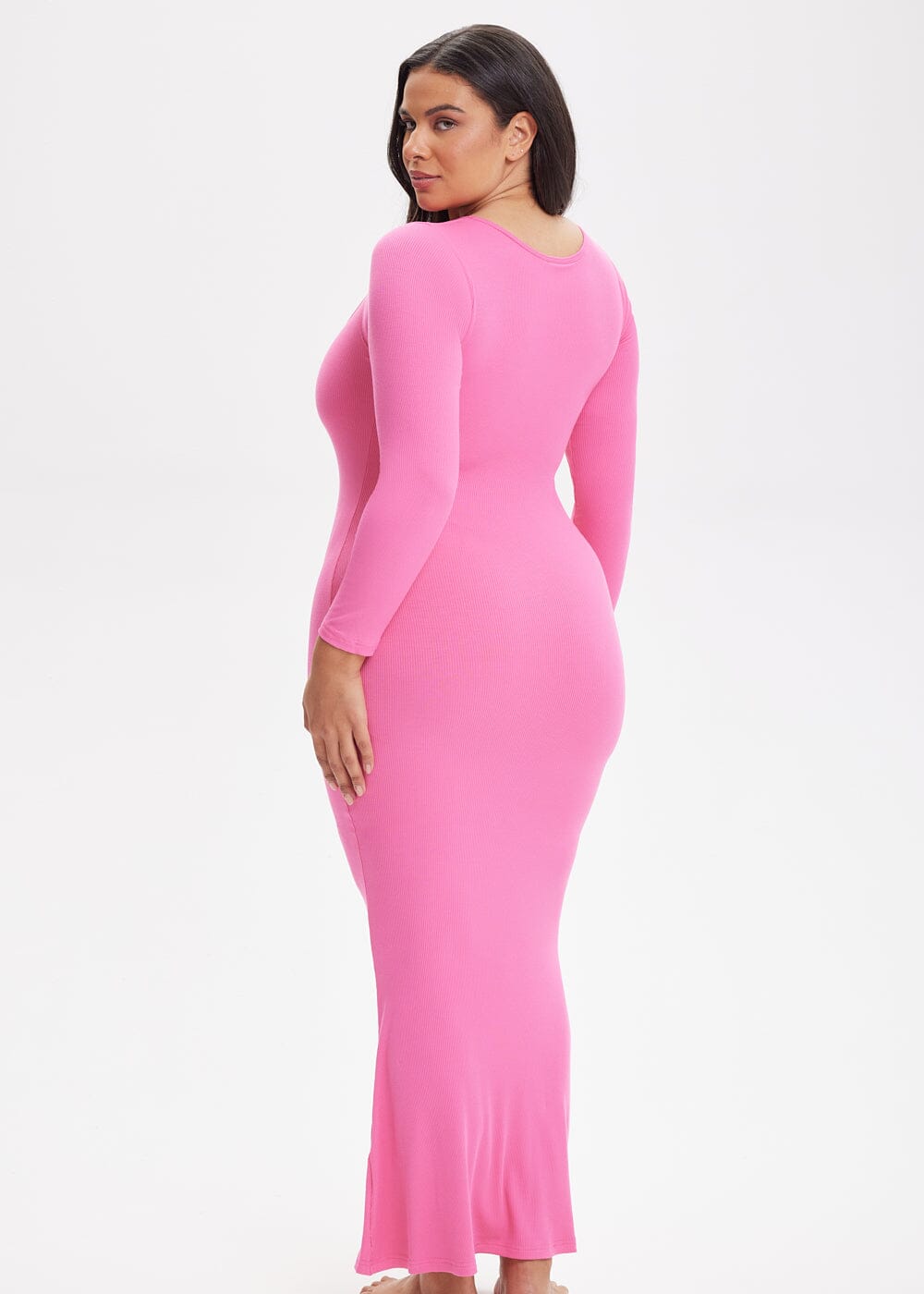 Built-In Shapewear Shorts Long Sleeve Midi Dress - She's Waisted