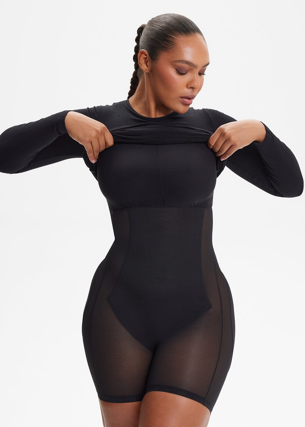 Built-In Shapewear Shorts Long Sleeve Above Knee - She's Waisted