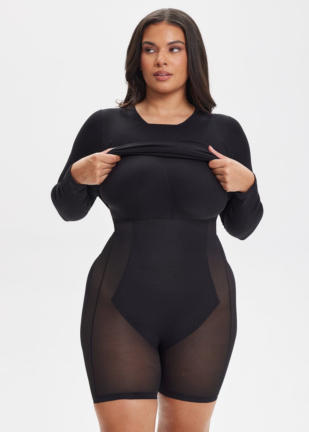 Built-In Shapewear Shorts Long Sleeve Above Knee - She's Waisted