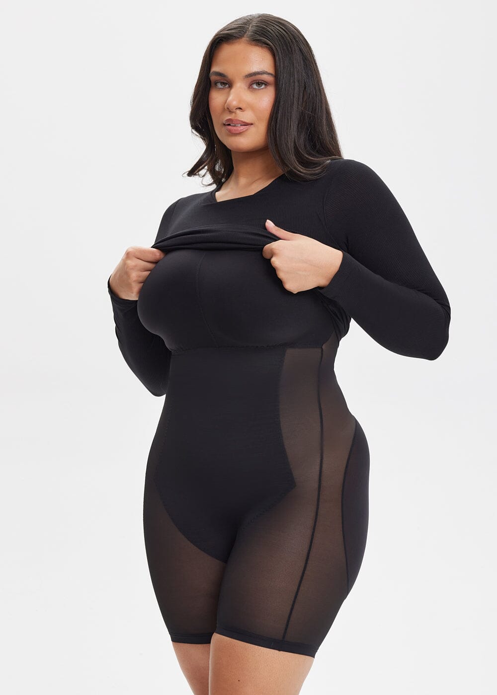 Built-In Shapewear Shorts Long Sleeve Above Knee