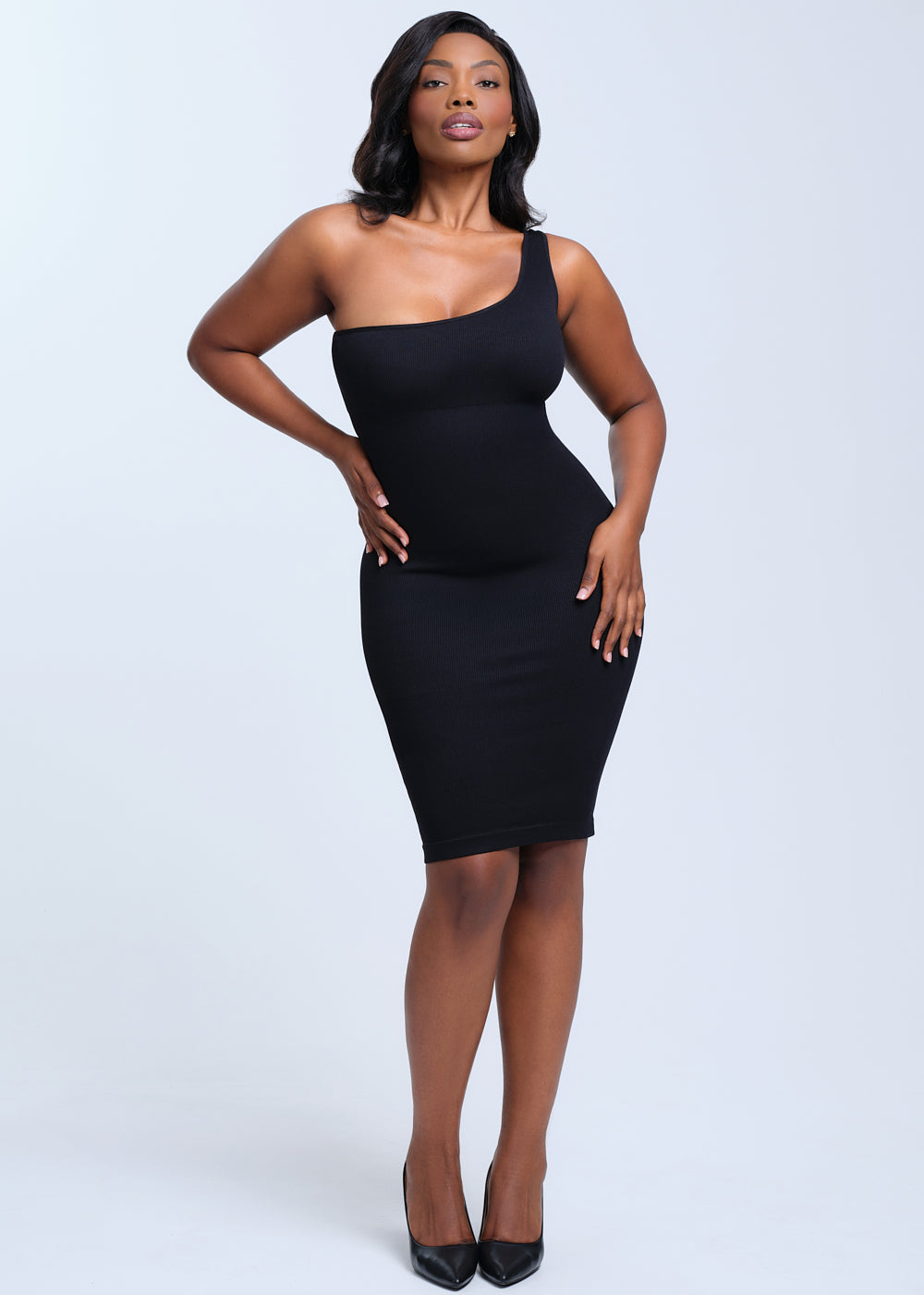 SnatchedKnit One-Shoulder Knee Dress