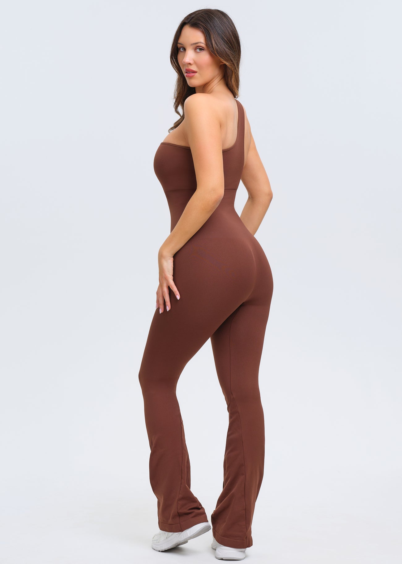 SnatchedKnit One-Shoulder Flare Jumpsuit