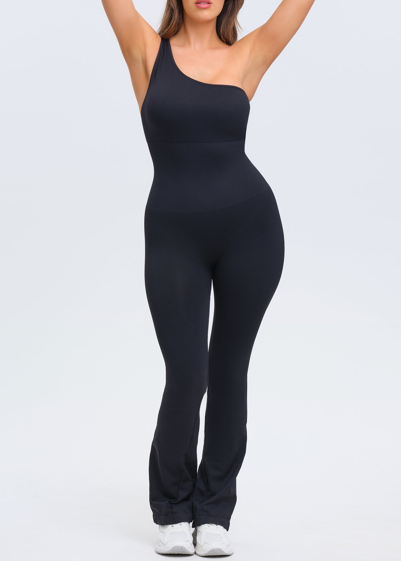 SnatchedKnit One-Shoulder Flare Jumpsuit