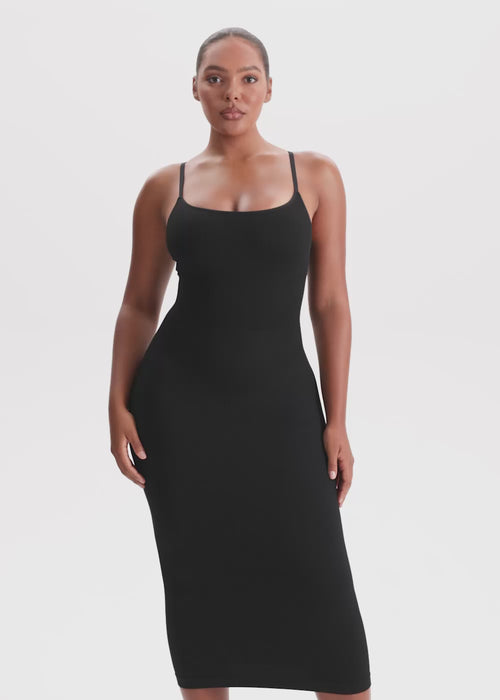 vintage denim spaghetti midi dress with leather detail ^^^ plus / xl to 2x main image 1