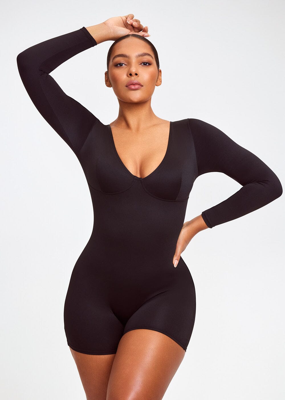 Plus Black Ribbed Plunge Short Sleeve Bodysuit