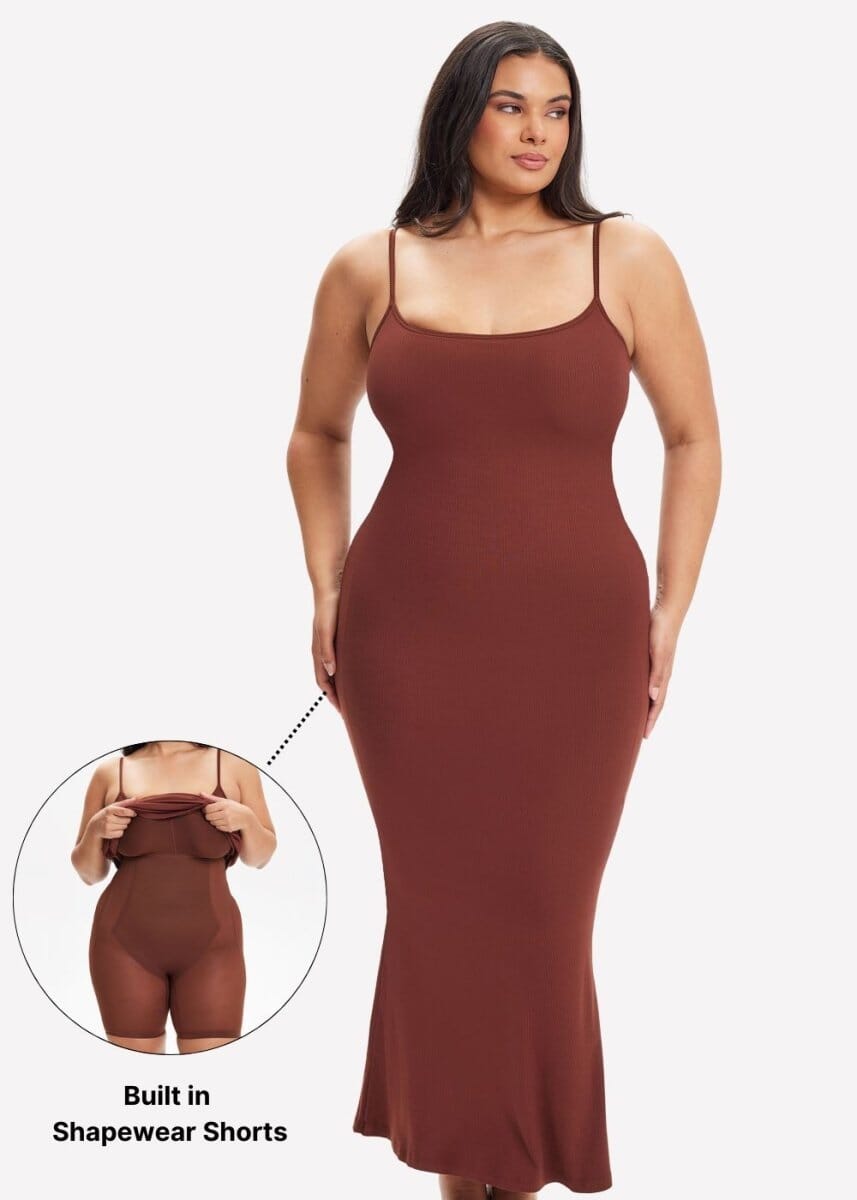 Built-In Shapewear Shorts Spaghetti Strap Midi Dress - She's Waisted