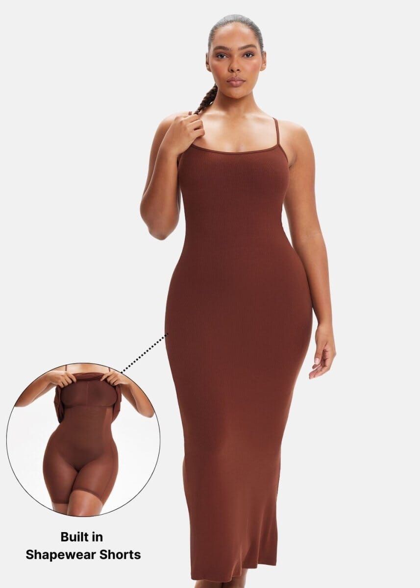 Built-In Shapewear Shorts Spaghetti Strap Midi Dress - She's Waisted