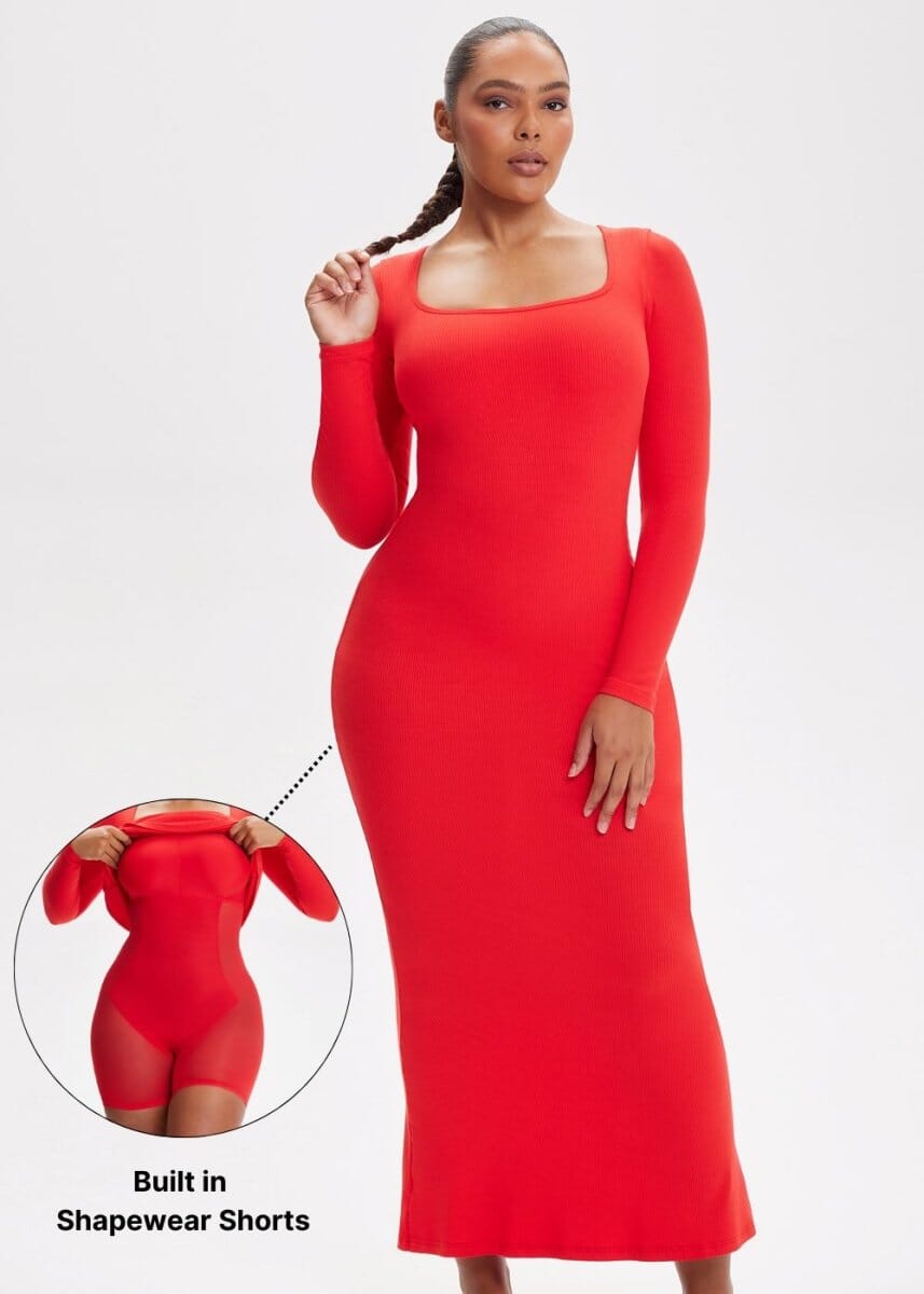 Built-In Shapewear Shorts Long Sleeve Midi Dress - She's Waisted