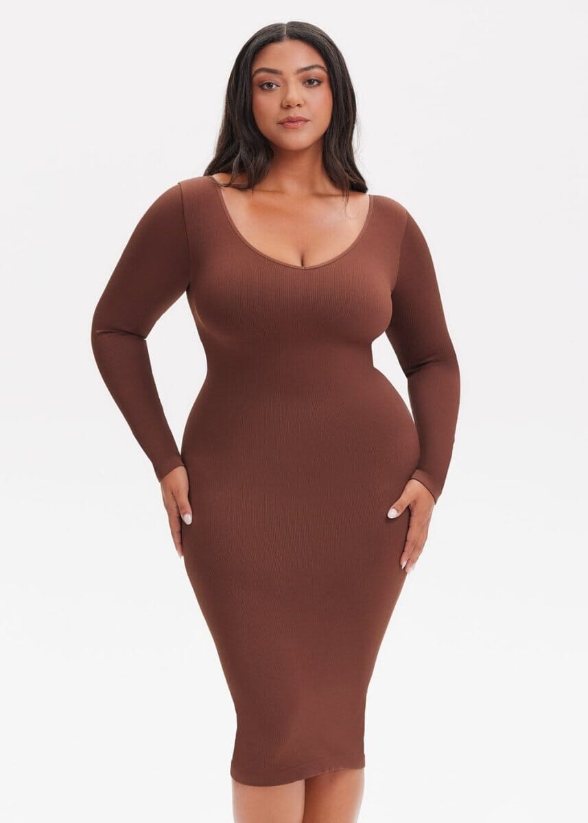 Shapewear Dress V-Neck Long Sleeve - She's Waisted