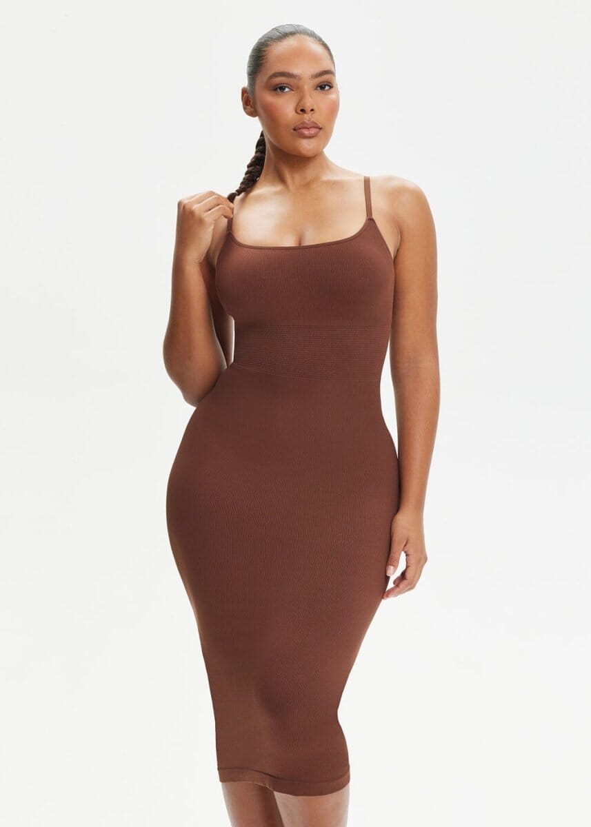 Spaghetti Strap Shapewear Dress Midi - She's Waisted