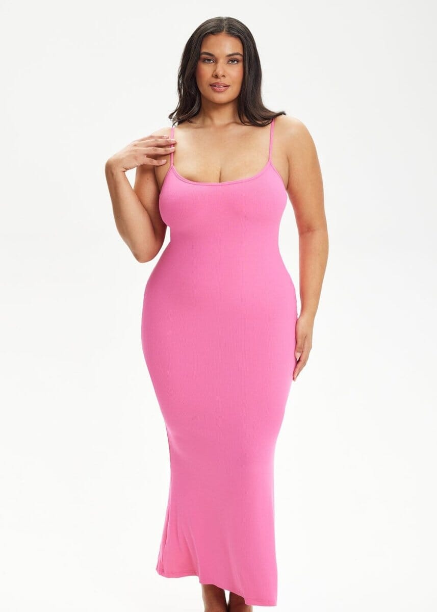 Built-In Shapewear Shorts Spaghetti Strap Midi Dress - She's Waisted