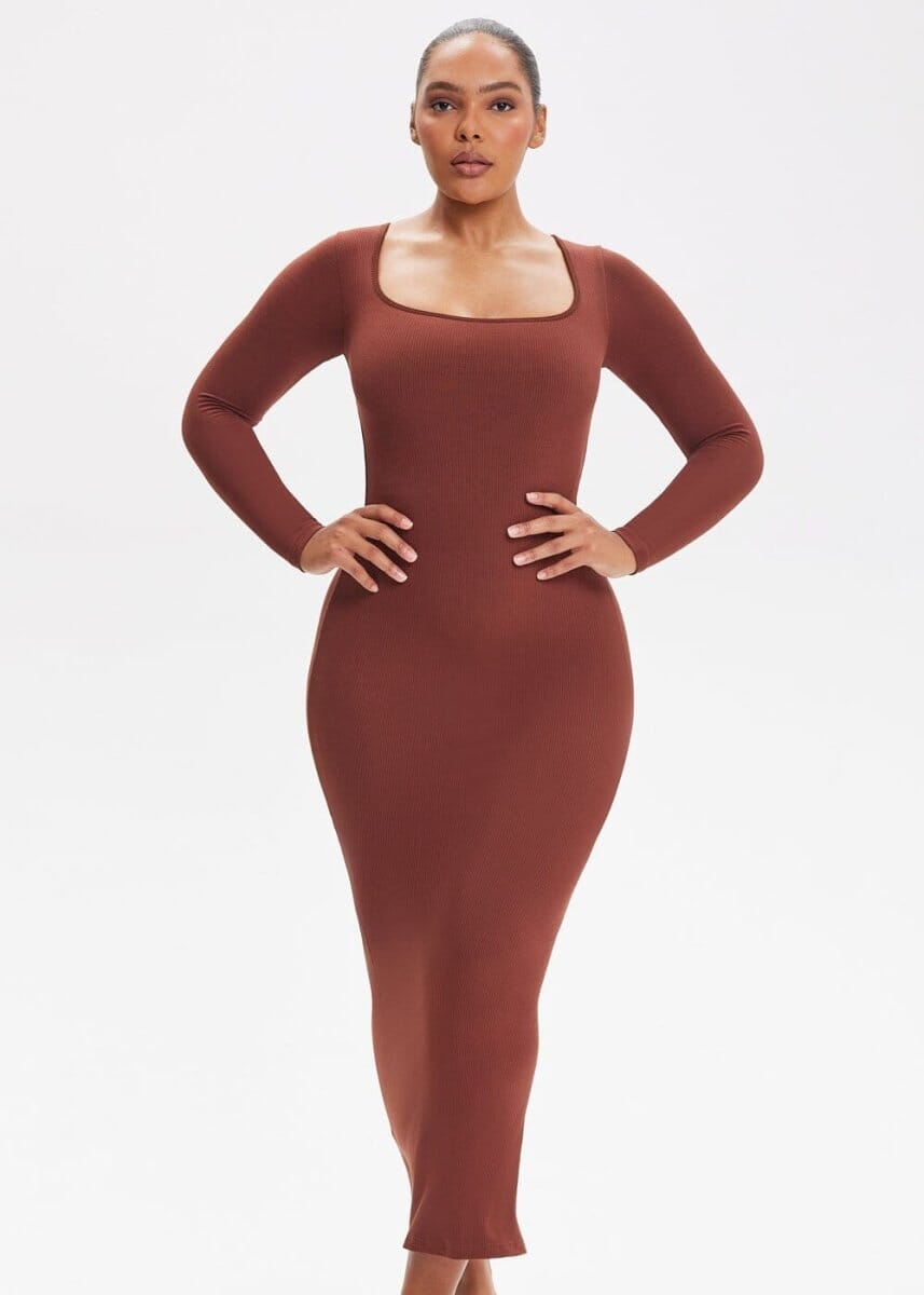 Built-In Shapewear Shorts Long Sleeve Midi Dress - She's Waisted